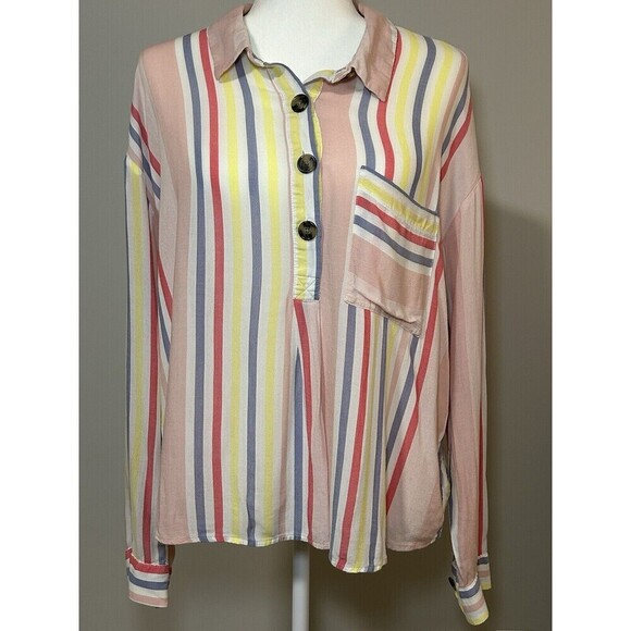 a.n.a Striped Long Sleeve Rayon Button Up Front Pocket Women’s Top XL - Picture 1 of 7